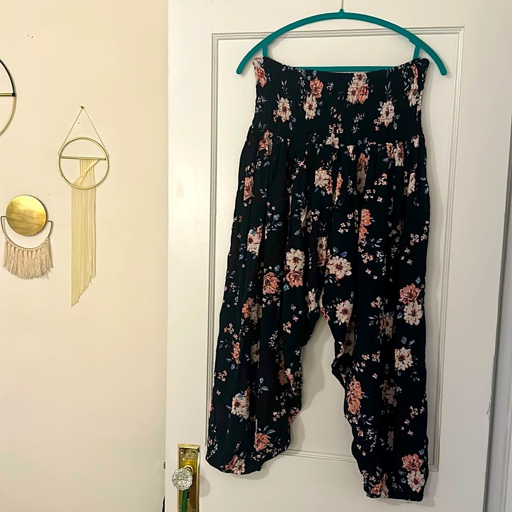 Dark navy harem pants with floral design